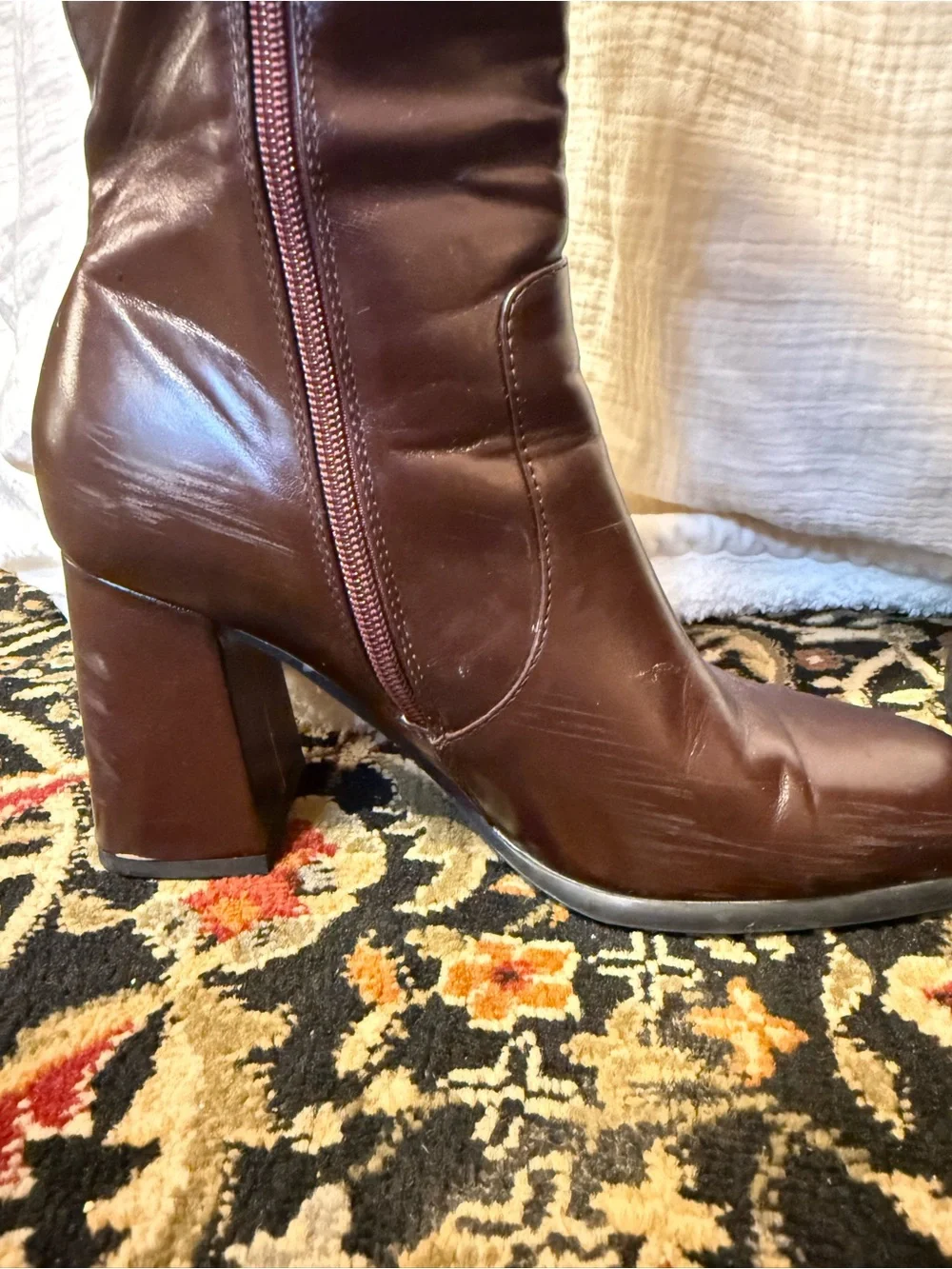 Women’s Tall Burgundy Leather Block Heel Boots